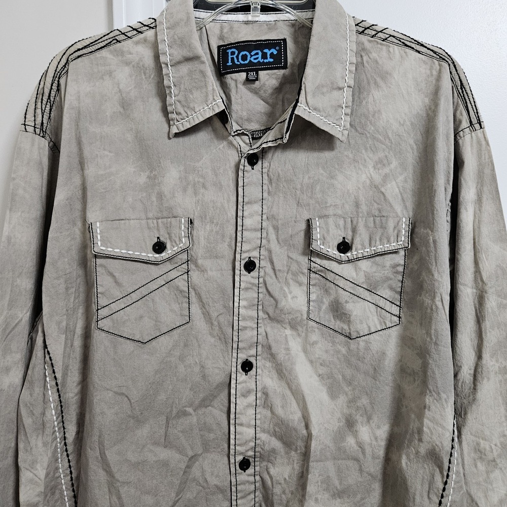 Roar Button Down Men 2XL Grey All Star Signature Contrast Stitch Acid Wash Shirt
